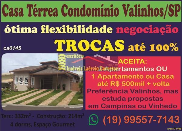 Casa Condomínio à Venda em Valinhos SP, Villagio Fiorentino 332m² terreno, 214m² AC Térrea