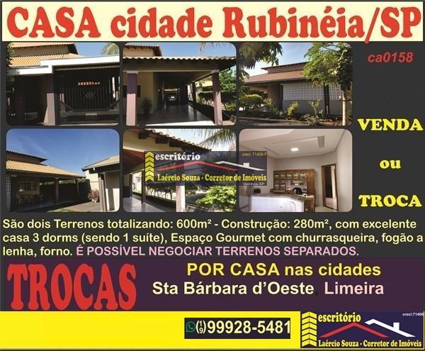 Casa Venda em Rubinéia SP, 600m² de terreno, 280m² construção, Piscina, Espaço Gourmet