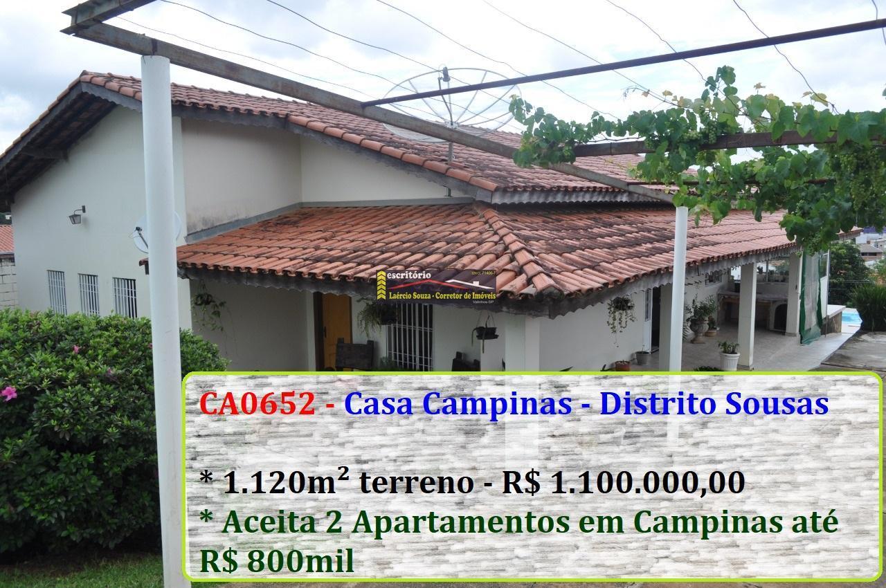 Casa Venda em Campinas SP, Sousas, Terreno 1.020m² R$ 1.100.000,00  Estuda  permuta por dois Apartamentos Campinas